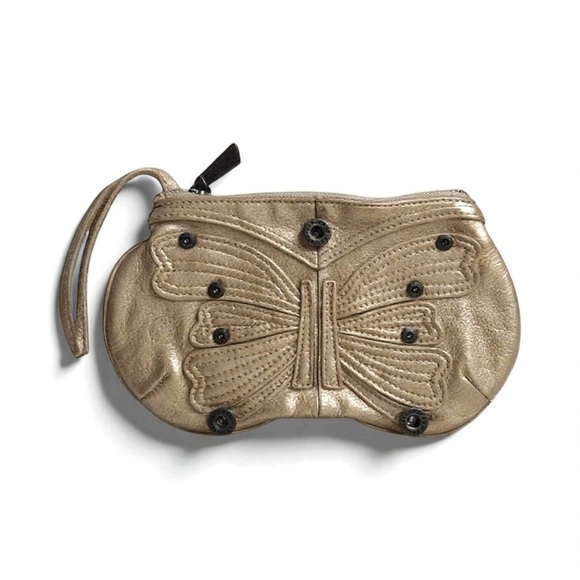 Gap 1969 Vintage Y2K Gold Metallic Leather Butterfly Applique Wristlet Purse - Picture 1 of 7